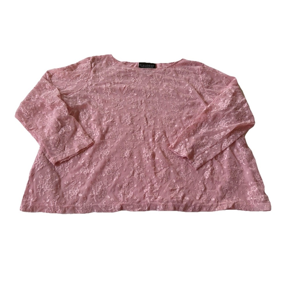 Dialogue Women's Blush Pink Sheer Lined Lace 3/4 Sleeved Blouse Size 1X